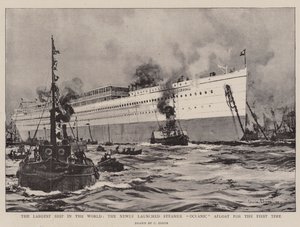 Maailman suurin laiva, hiljattain lanseerattu höyrylaiva Oceanic Afloat ensimmäistä kertaa